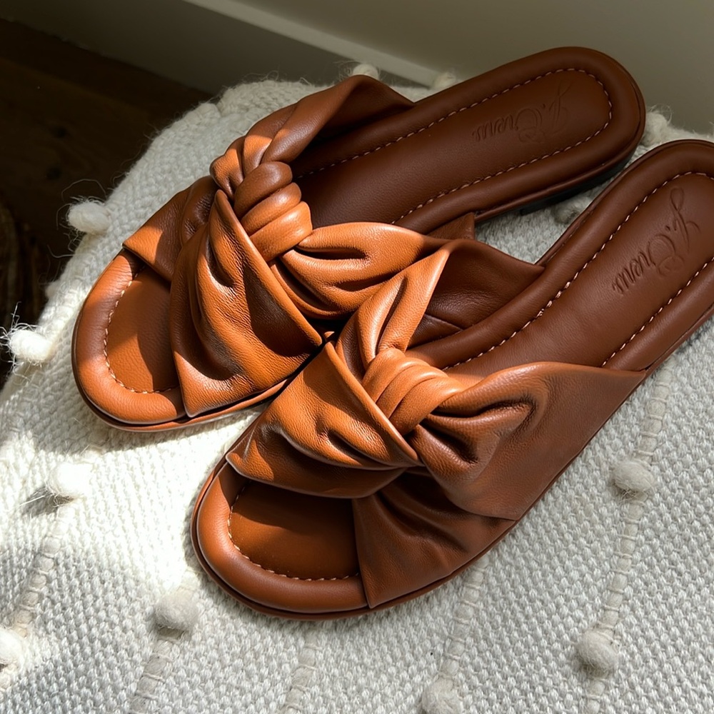 J Crew brown flat leather slide sandals in size 9.